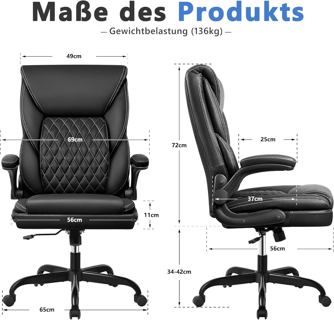 BestEra Executive Chefsessel Office Chair, Gross und Hoch Leder Ergonomic Bürostuhl Hoch Rücklehne H