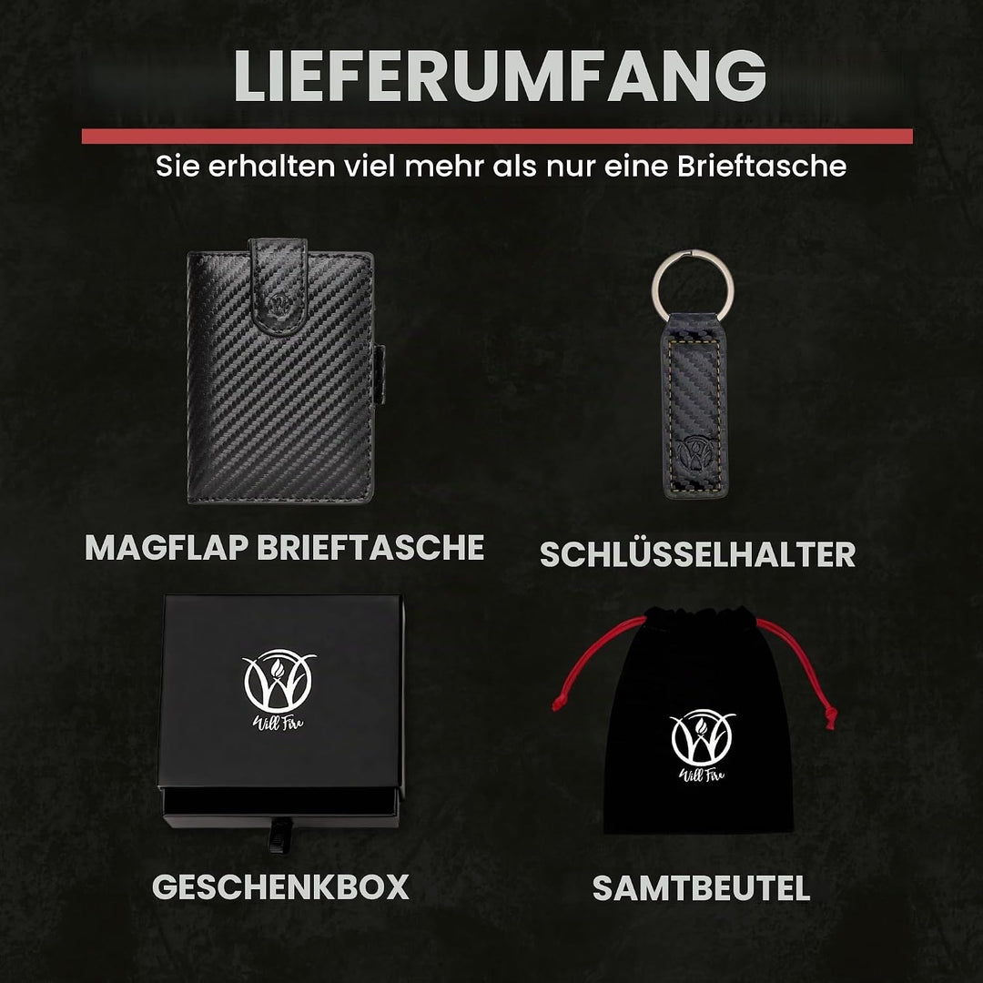 WillFire® MagFlap | Geldbörse Herren | Extra Schlüsselanhänger | Leder Kartenetui für 10-12 Karten |