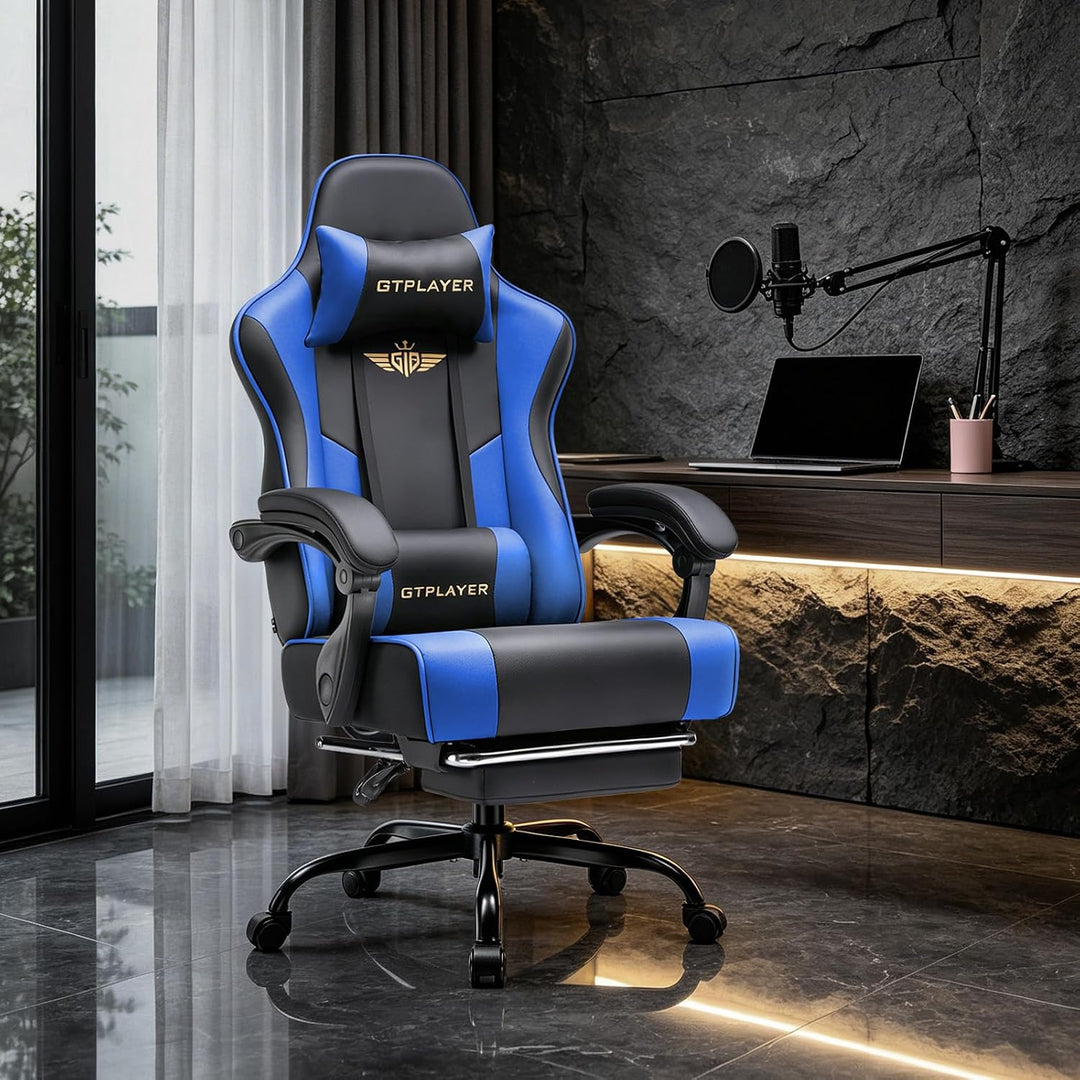 GTPLAYER Gaming Stuhl Chair Gamer Sessel - Ergonomischer Gamer Stuhl mit Fussstütze Kopfstütze und L