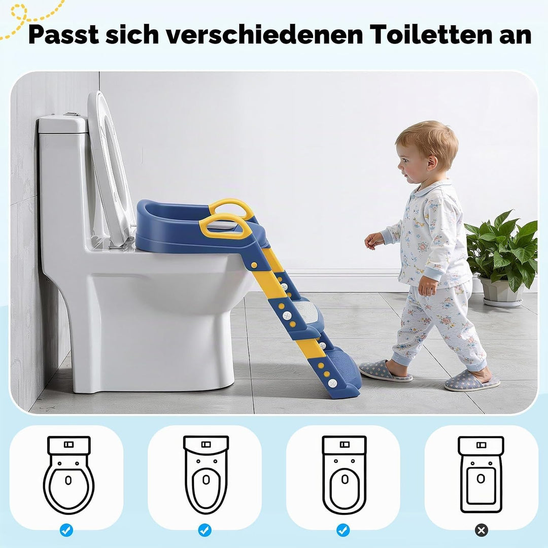 Kinder Toilettensitz mit Treppe, 2-7 Jahre, 6-stufig höhenverstellbar, klappbarer Toilettentreppe, P