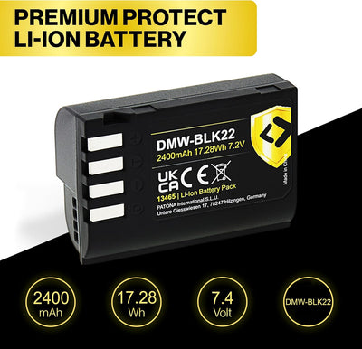 PATONA 2X Protect V1 Akku DMW BLK22 BLK22E (2400mAh) - kompatibel mit Panasonic DC G9 S5 S5K GH5 GH5