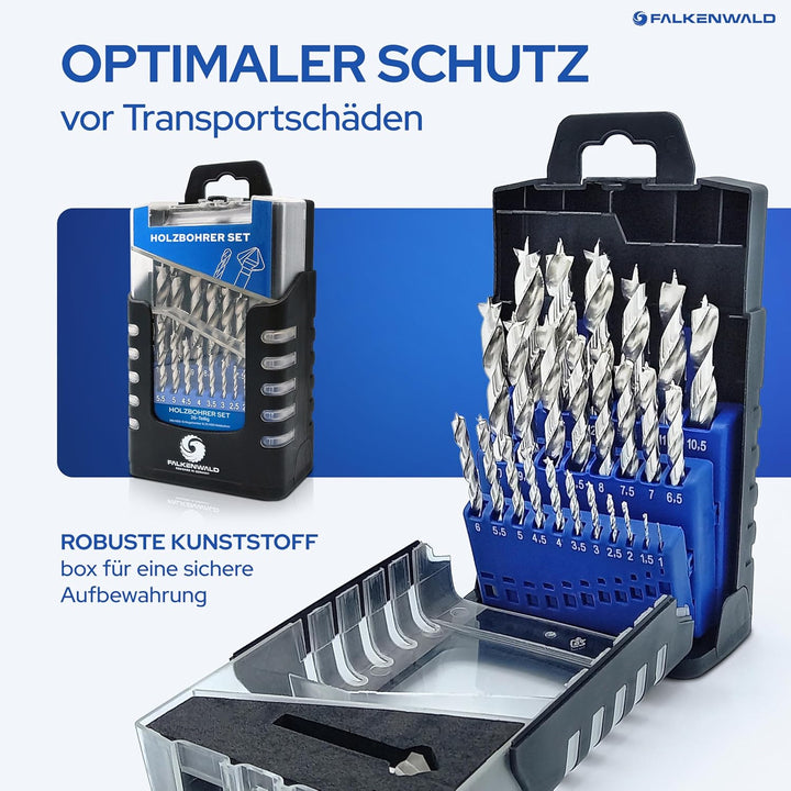 Falkenwald Holzbohrer Set 1-13mm + Kegelsenker 26tlg. - HSS-G Bohrerset für präzise und saubere Bohr