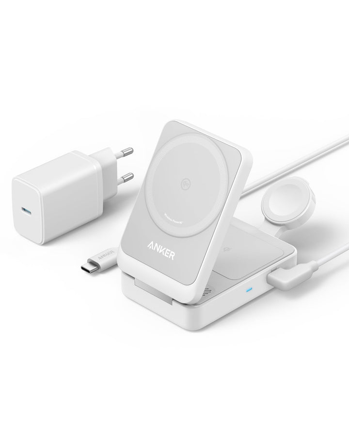 Anker MagGo 3-in-1 Ladestation, Qi2 zertifizierter 15W kabelloser Ladeständer, MagSafe kompatibel, A