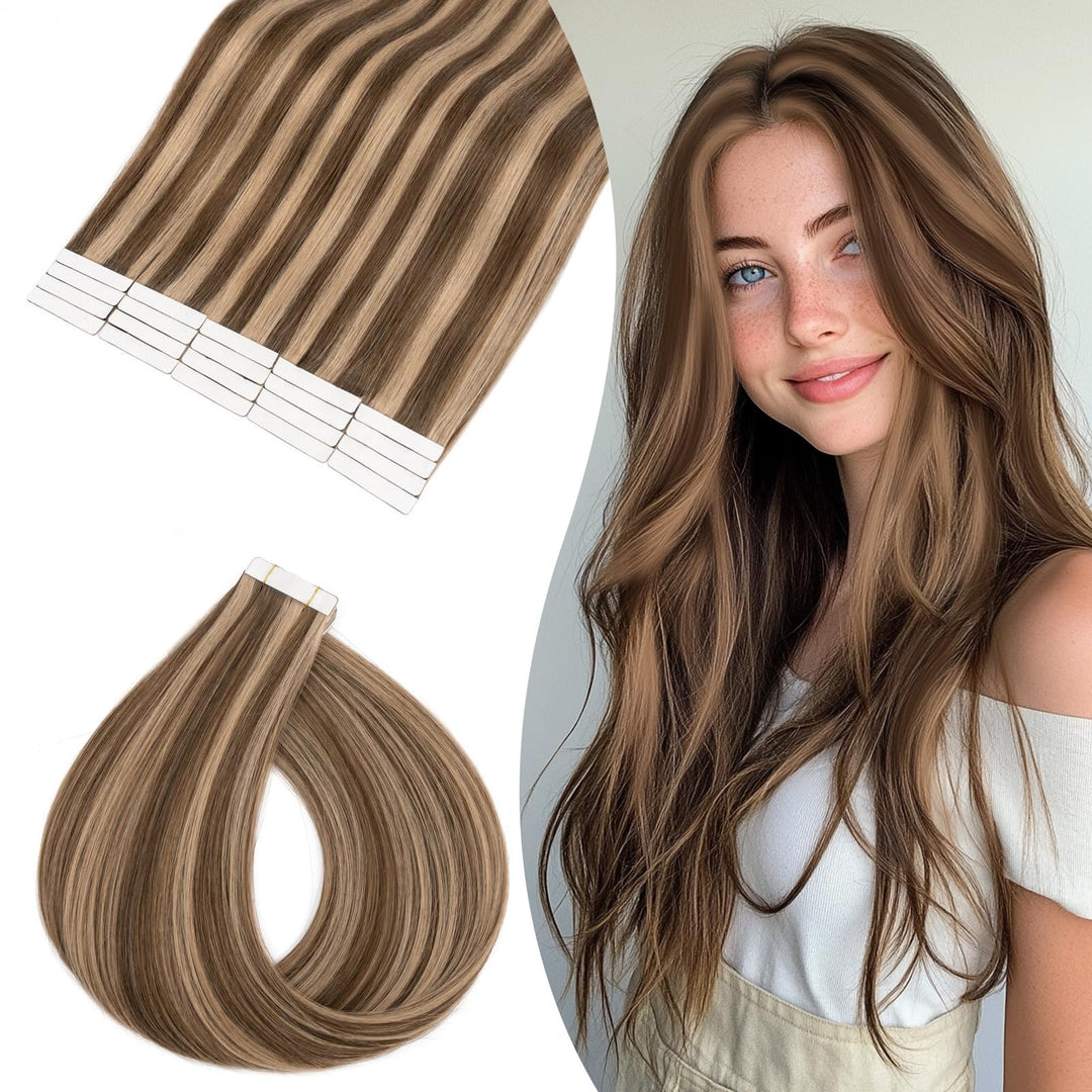 Rich Choices Tape Extensions Echthaar 35cm 20 Stück #4/27 Balayage Blond Echthaar Haarverlängerung I