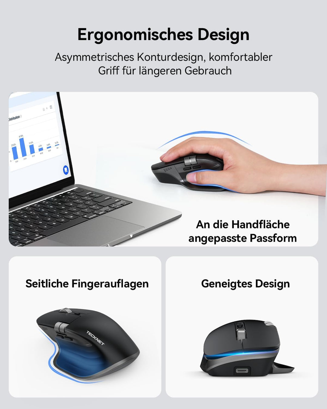 TECKNET Bluetooth kabellose Maus(BT 5.0/5.0+2,4G), Seitliches Mausrad, Superschnelles Scrollen, Wied