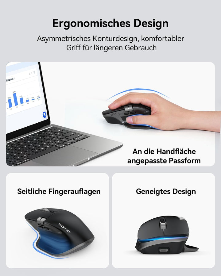 TECKNET Bluetooth kabellose Maus(BT 5.0/5.0+2,4G), Seitliches Mausrad, Superschnelles Scrollen, Wied