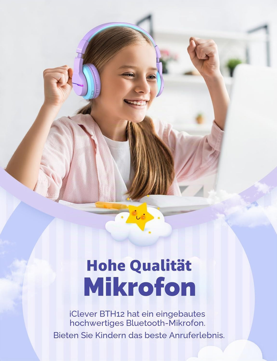 iClever Bluetooth Kinder Kopfhörer, Farbige LED-Leuchten, Kinderkopfhörer Over-Ear mit 74/85/94dB La