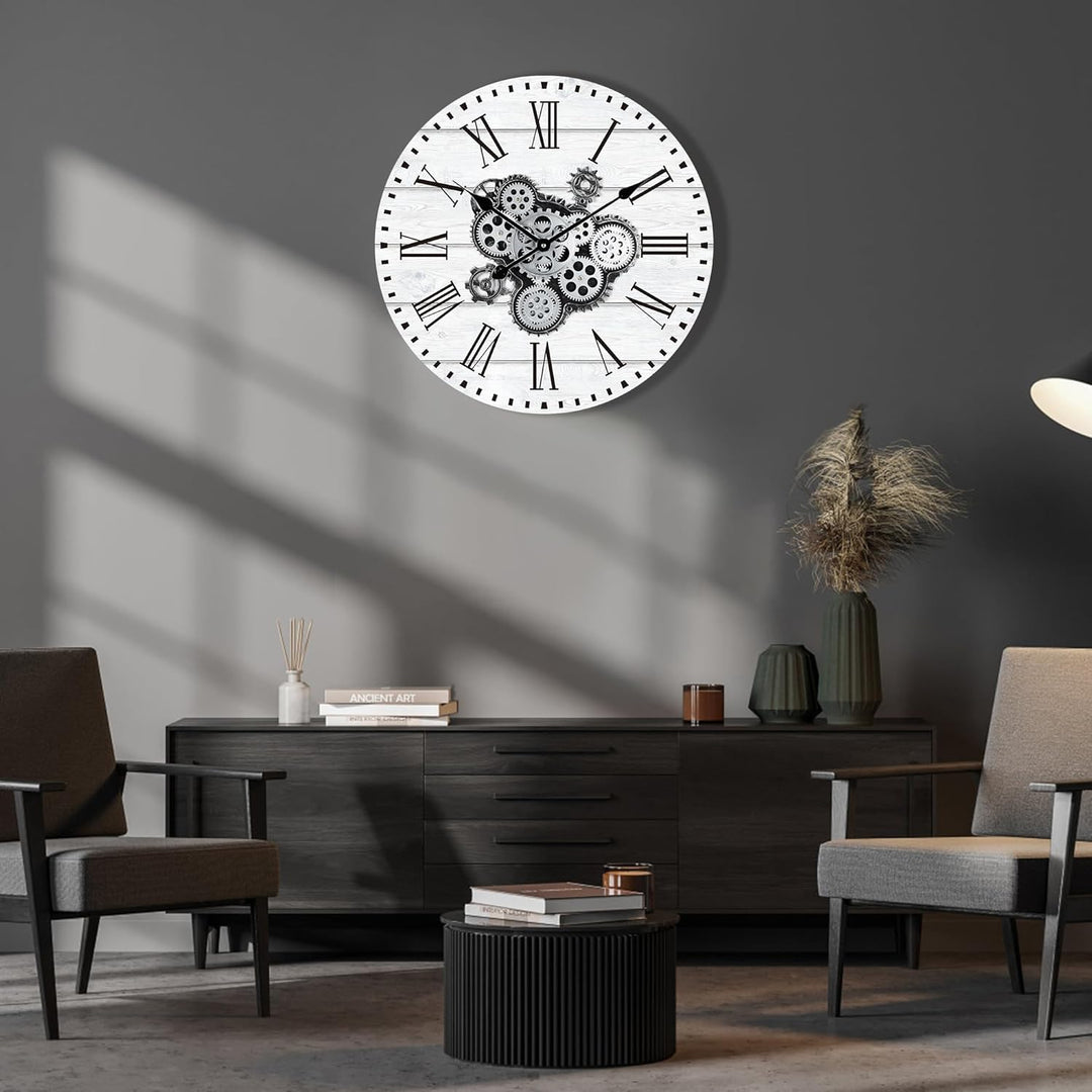 Lafocuse Weiss Wanduhr Gross mit Beweglichen Zahnrädern Industrial Steampunk XXL Holz Vintage Retro