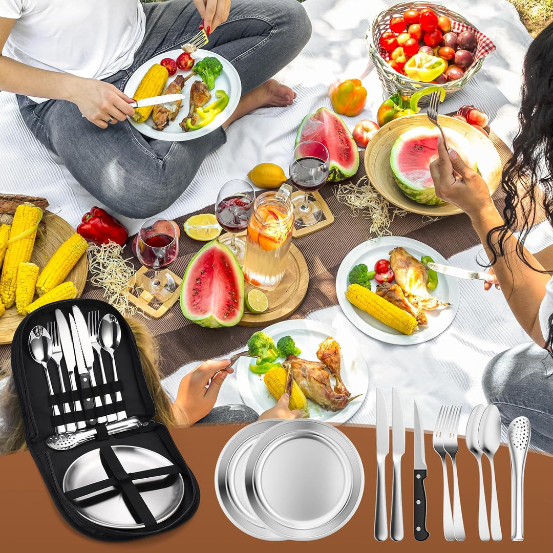 Camping Geschirr Set 2 Personen, 10 Stück Tragbars Campingbesteck Set aus Edelstahl mit einer Tasche