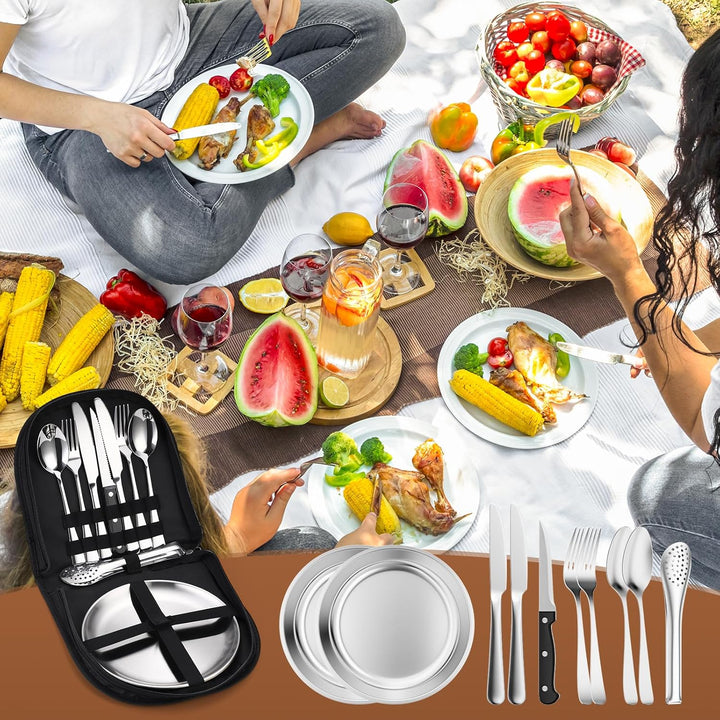 Camping Geschirr Set 2 Personen, 10 Stück Tragbars Campingbesteck Set aus Edelstahl mit einer Tasche