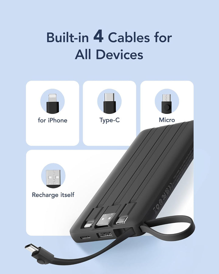 VRURC Power Bank mit 4 Kabel 10000mAh Powerbank Tragbares Ladegerät USB C Externer Handyakkus LED Di