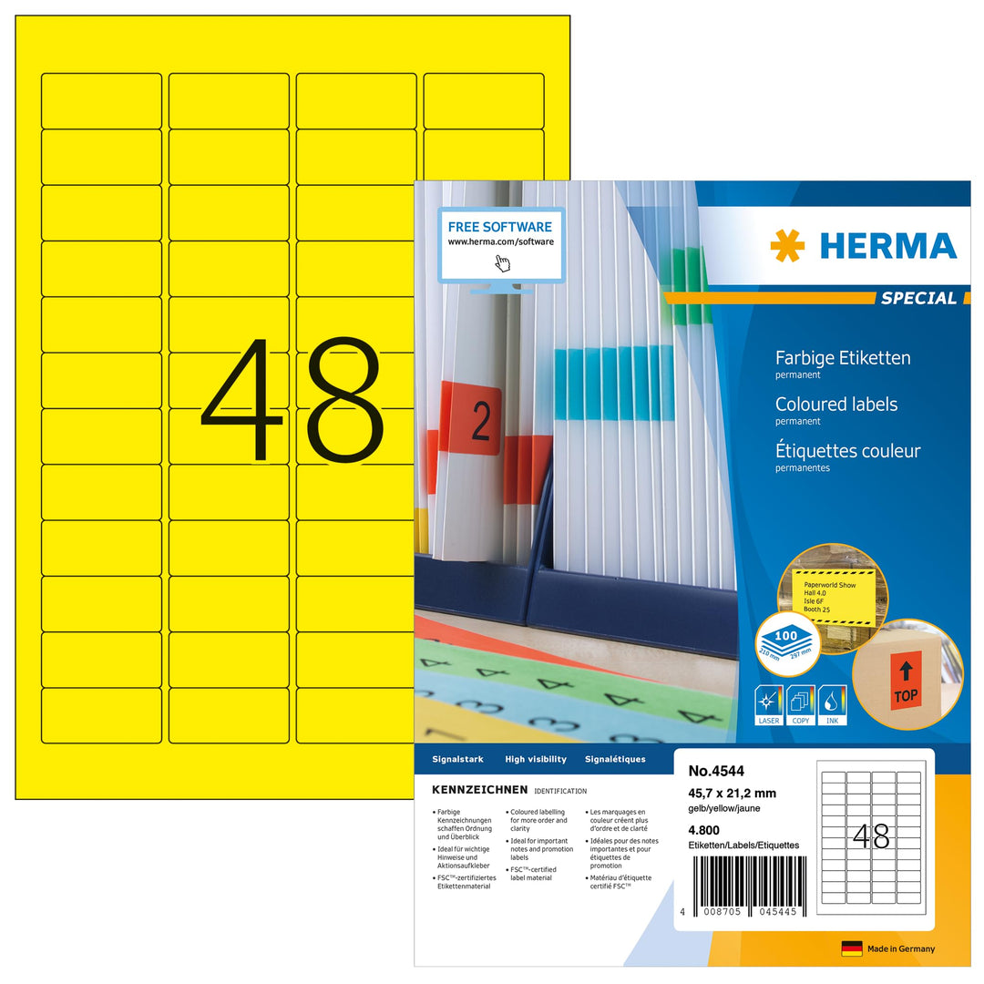HERMA 4544 Farbige Etiketten gelb, 100 Blatt, 45,7 x 21,2 mm, 48 Stück pro A4 Bogen, 4800 Aufkleber,