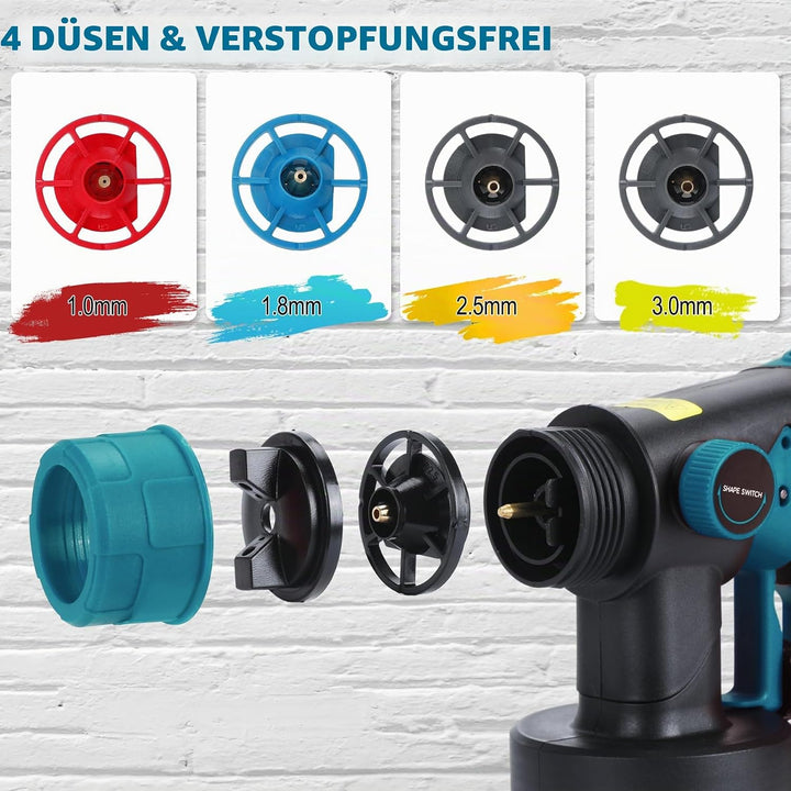 VAYALT Farbsprühsystem Elektrisch mit Makita-18V-Akkus,Aktualisiert Farbsprühgerät mit 4 Düsen,3 Spr