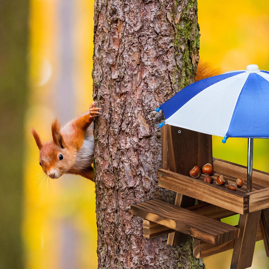 Relaxdays Eichhörnchen Tisch, Holz, Eichhörnchenbank mit 2 Schirmen, Eichhörnchen-Picknicktisch zum