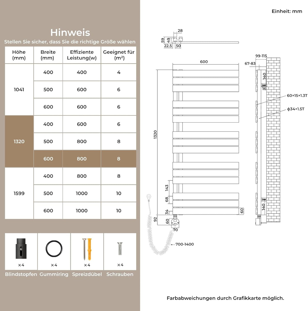 S'AFIELINA Badheizkörper Elektrisch 1320×600mm Anthrazit, 800W Handtuchheizkörper Elektrisch mit The