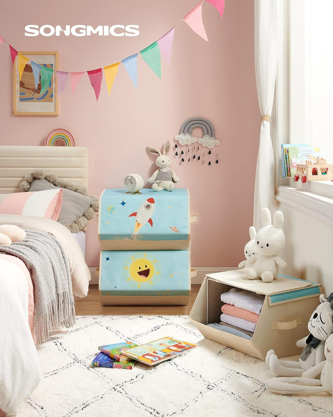 SONGMICS Aufbewahrungsbox Kinder, 3er Set, Faltboxen, Spielzeugkiste mit Deckel, 38 x 35 x 25 cm, fü