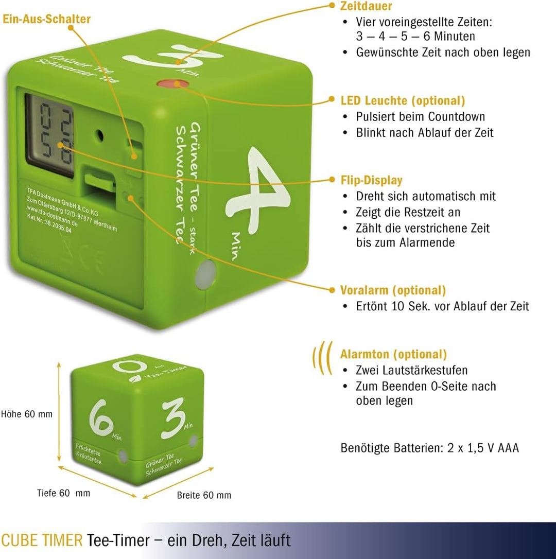 TFA Dostmann Digitaler Tee-Timer, 38.2035.04, ideale Ziehzeit, Tee-Zubehör, Timer, grün,L 60 x B 60