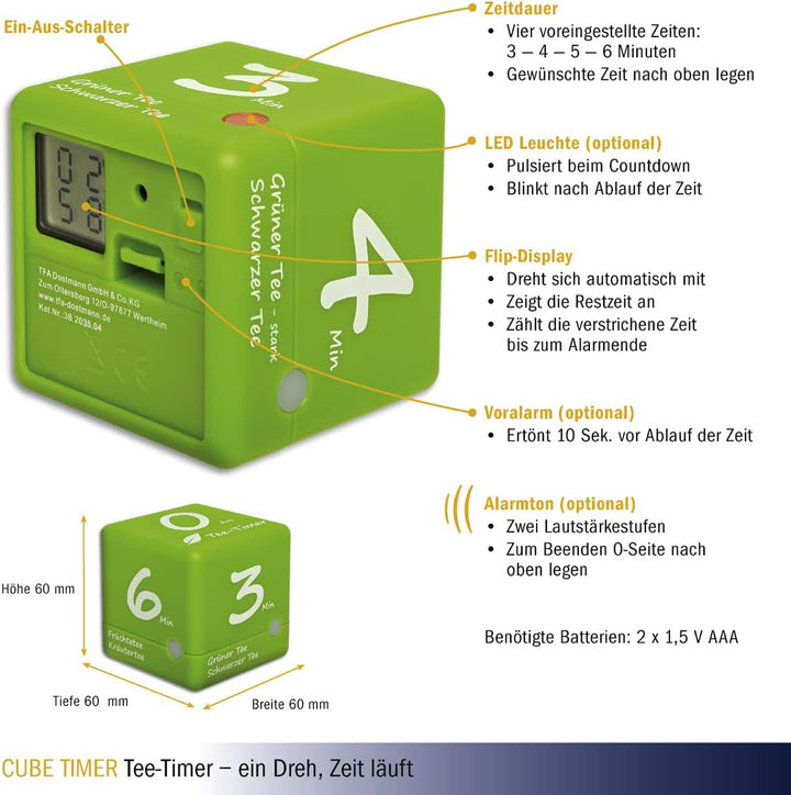 TFA Dostmann Digitaler Tee-Timer, 38.2035.04, ideale Ziehzeit, Tee-Zubehör, Timer, grün,L 60 x B 60