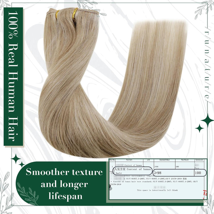 RUNATURE Clip in Extensions Echthaar Dunkel Aschblond mit Goldblond Clip in Haarextension Echthaar C