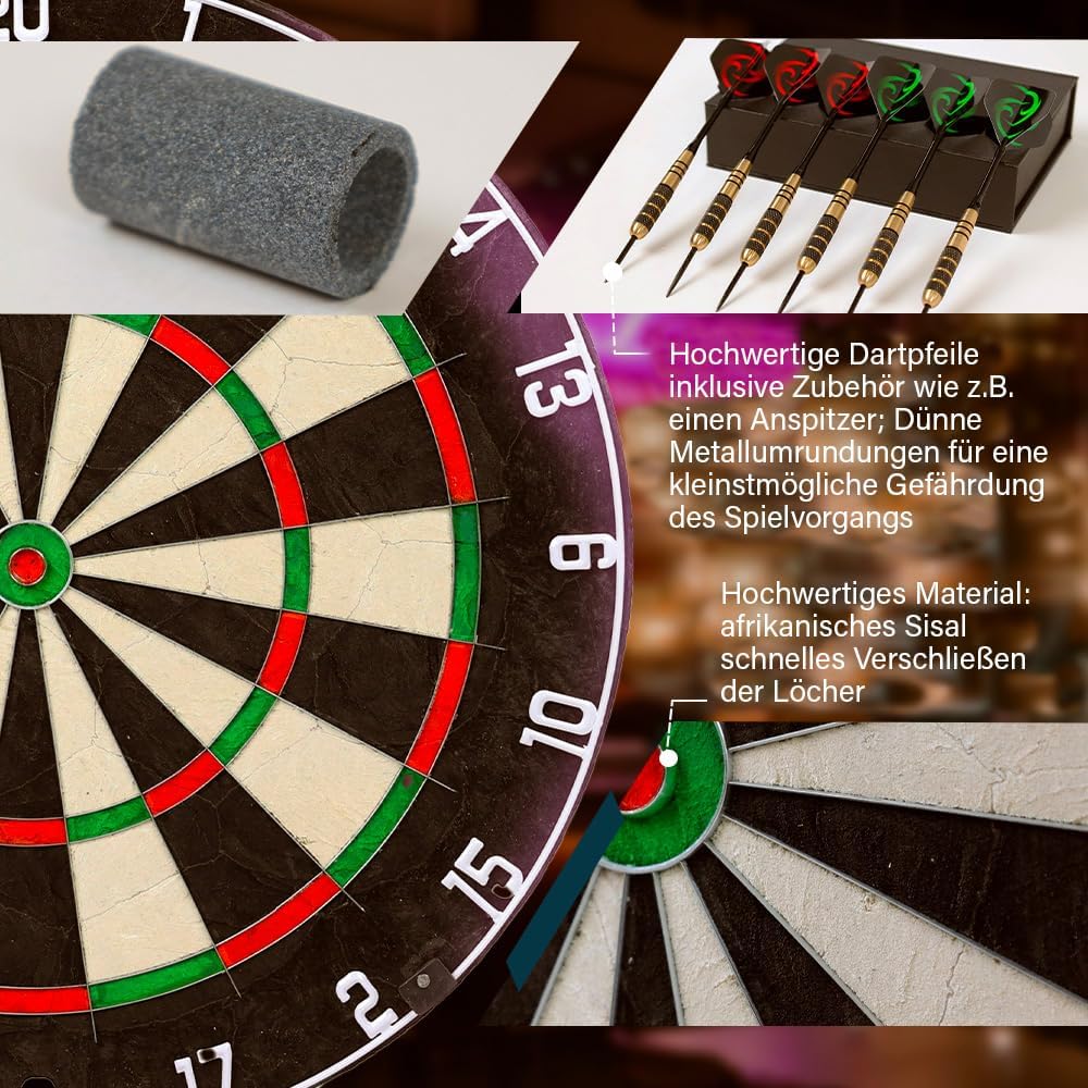 Sportisfaction Dartscheibe Set, Steeldart Scheibe aus Sisal mit 6 Pfeilen &amp; Anspitzer und verstellba