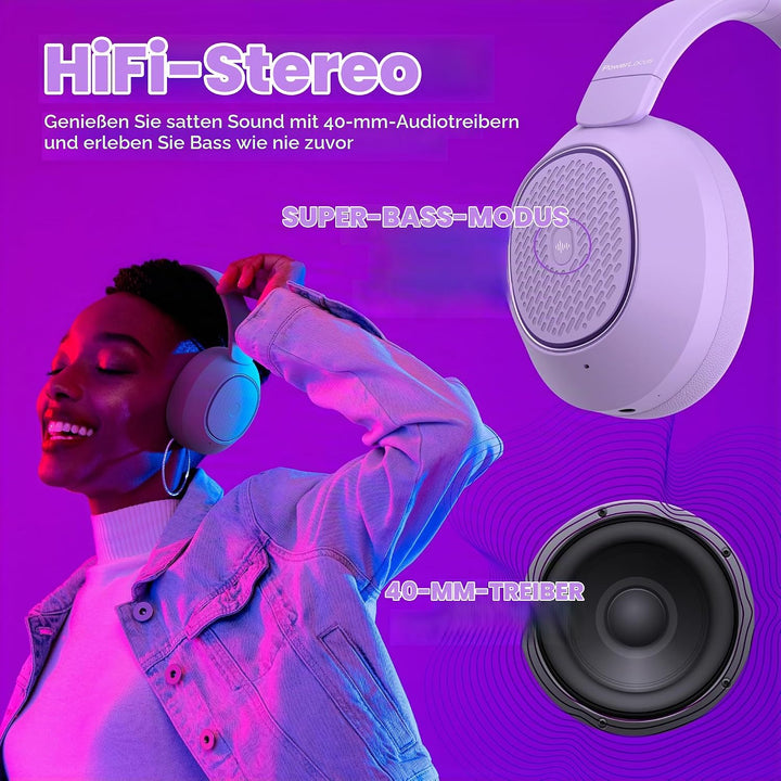 PowerLocus Hybrid Active Noise Cancelling Kopfhörer, 60 Std. Spielzeit Kopfhörer Kabellos, Transpare