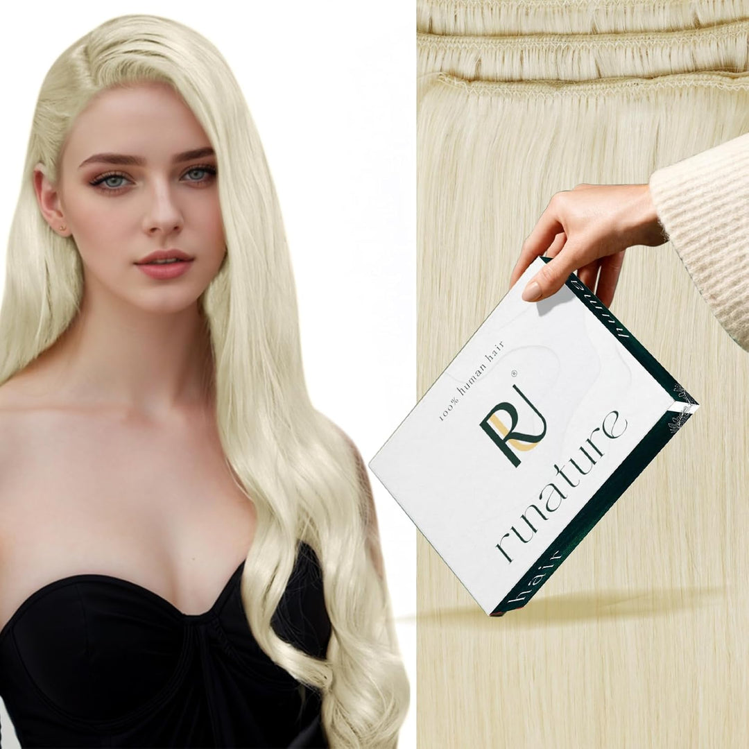 RUNATURE Haartressen Echthaar Extensions Blond Tressen Extensions Echthaar Platinblond Voller Kopf E