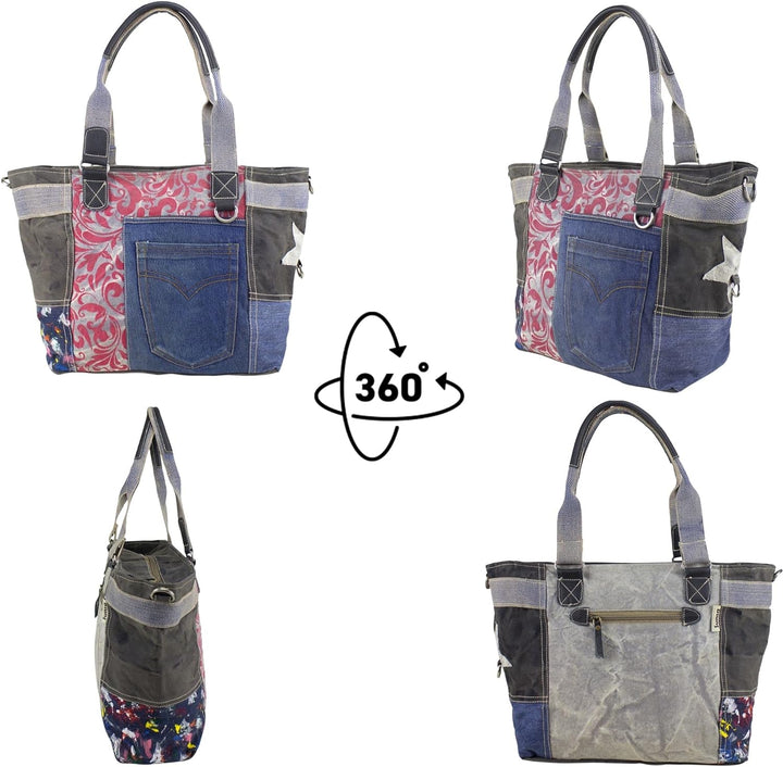 Sunsa Damen Handtasche. Grosse Nachhaltige Schultertasche aus Recycelte Jeans Canvas &amp; Leder. A4 gee