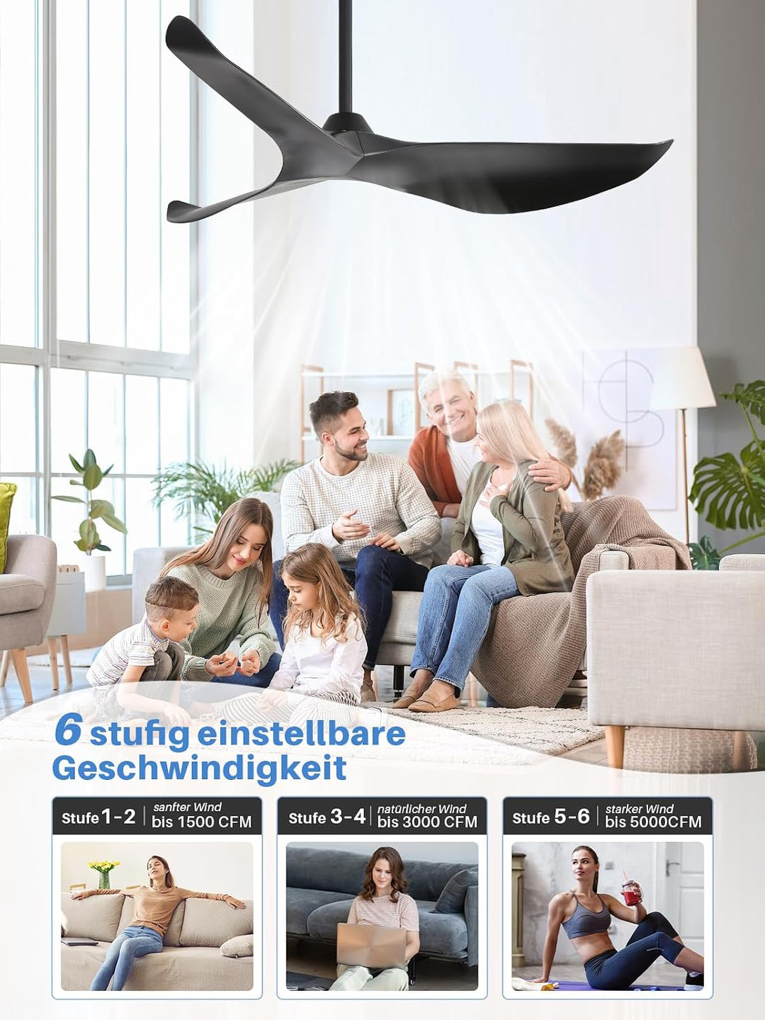 Sofucor 97cm Deckenventilator mit Fernbedienung, Leise Deckenventilator ohne Licht, DC Motor, Timer,