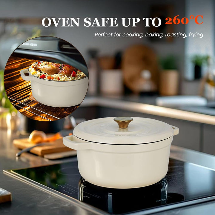 Overmont Bräter Emailliert Gusseisen Topf - Dutch Oven 26cm backofengeeignet mit Deckel und Kochbuch