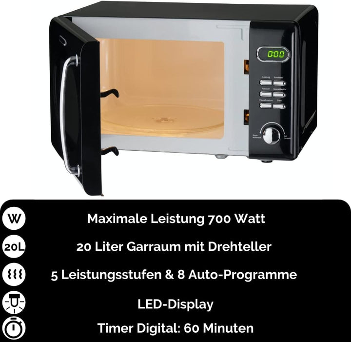 Wolkenstein Retro Stand Mikrowelle WMW720 SC I 700W Mikrowellenleistung I 20L Garraum I5 Leistungsst