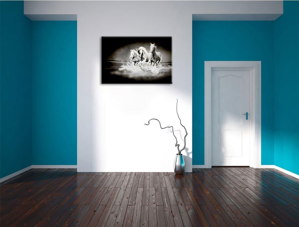 Dark Weisse Pferde rennen im Wasser Deluxe Format: 100x70 cm auf Leinwand, XXL riesige Bilder fertig