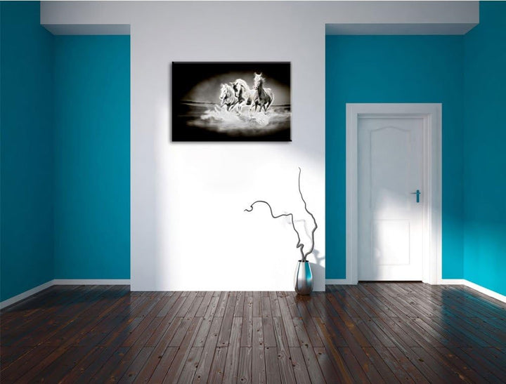 Dark Weisse Pferde rennen im Wasser Deluxe Format: 100x70 cm auf Leinwand, XXL riesige Bilder fertig