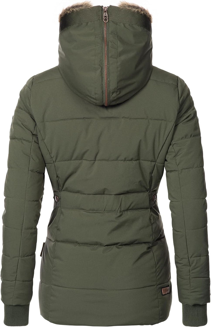 MARIKOO Damen Wintejacke warme Steppjacke mit Kunstfell Innenfutter Nekoo XS-3XL S Grün, S Grün