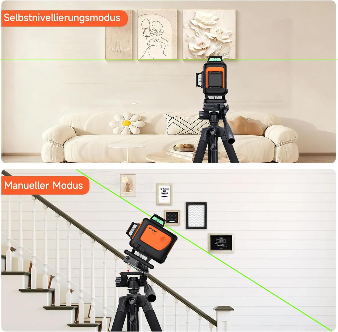 4D Kreuzlinienlaser mit Stativ, DOVOH 360° Selbstnivellierender Grüner Laser, Dual-Akkus, Klass Ⅱ, H