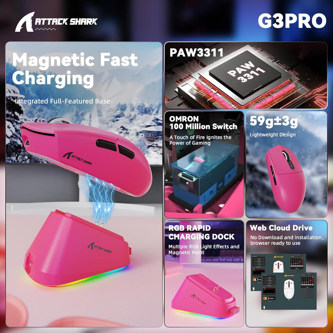 MAMBASNAKE x ATTACK SHARK G3PRO Gaming-Maus mit Magnetischer Ladestation, BT/2.4G Wireless/Kabel, Pi