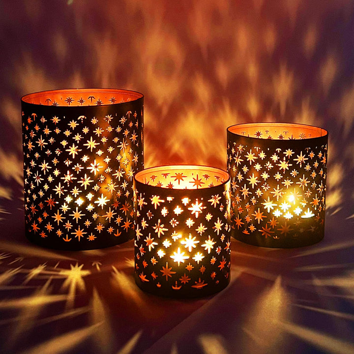 MARRAKESCH 3er Set Windlicht 14cm Gross aus Metall Orientalische Teelichthalter Hamman Schwarz Kupfe