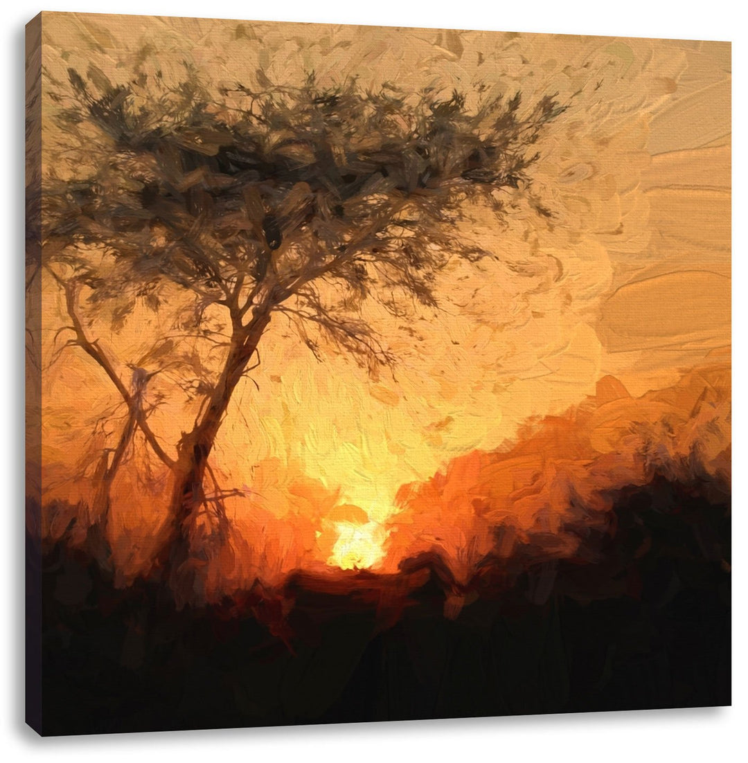 Pixxprint Einsamer Baum bei Sonnenuntergang, Format: 70x70 auf Leinwand, 70x70