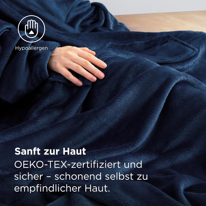 BEDSURE Decke mit Ärmeln als Geschenke für Frauen - Kuscheldecke mit Ärmeln Blau Erwachsene Ärmeldec