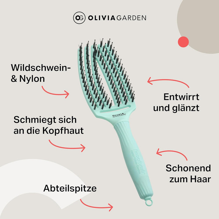 Olivia Garden Fingerbrush Care Iconic - Medium - Mint - Detangler Bürste mit Wildschweinborsten & Ny