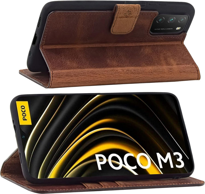 Suncase Book-Style Hülle kompatibel mit Xiaomi Poco M3 Leder Tasche (Slim-Fit) Lederhülle Handytasch