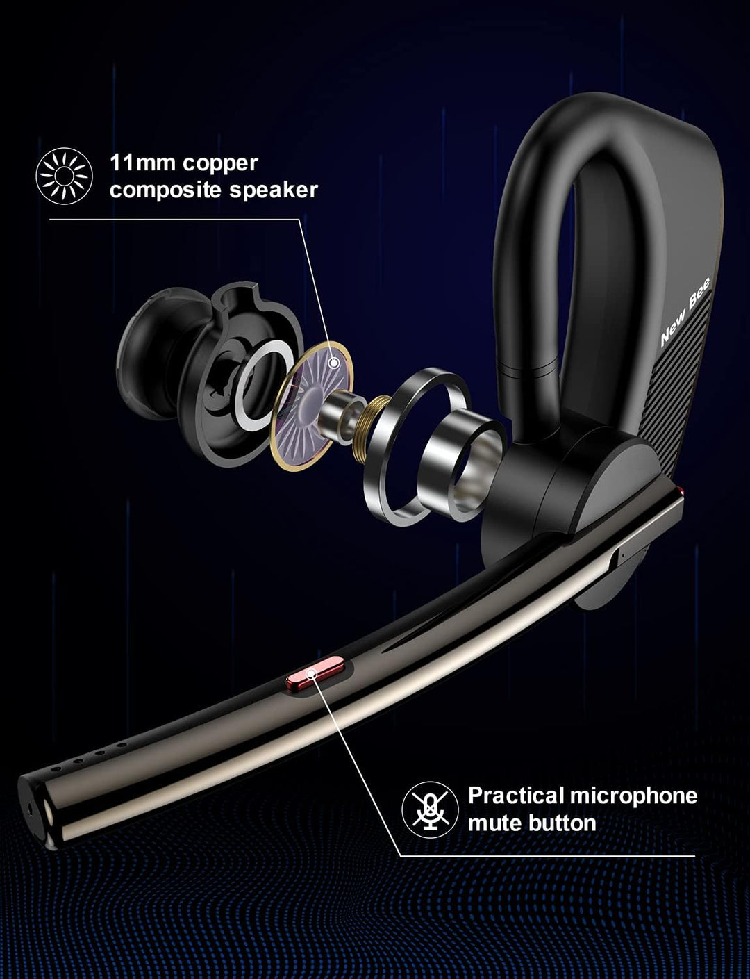 New bee Bluetooth Headset mit Mikrofon Bluetooth V5.2 Wireless Headset 24Hrs Sprechzeit CVC8.0 Dual