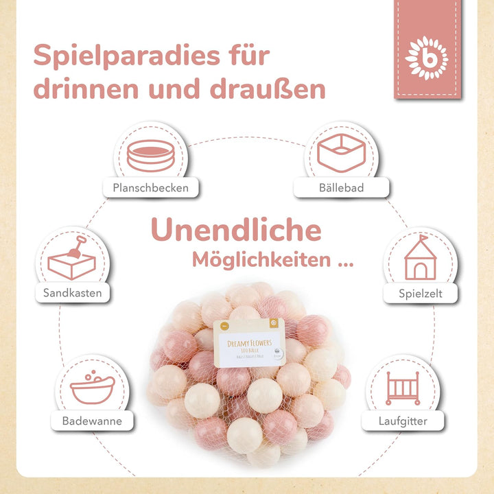 Bieco Bälle für Bällebad Dreamy Flowers | 100 Stück | Bunte Bälle | Bällebad Kinder | Bällebad Baby