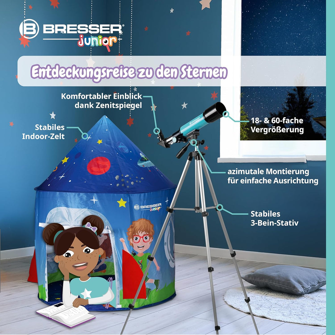 Bresser Junior Linsenteleskop 50/360 für Kinder - Astronomie Einsteigerset mit Zelt, Refraktor Teles