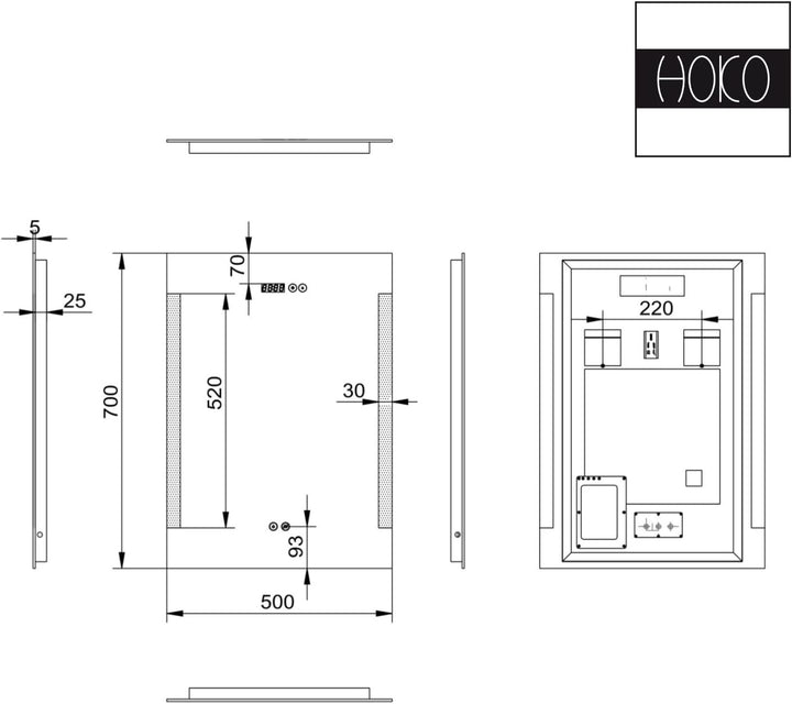 HOKO® LED Bad Spiegel beleuchtet mit Digital Uhr und ANTIBESCHLAG SPIEGELHEIZUNG, Fulda 50x70cm, Bad