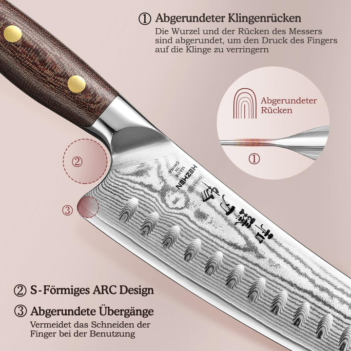 HEZHEN Santokumesser im Japanischen Stil，Echter Damaststahl Kochmesser mit Holzmesserscheide, Chines