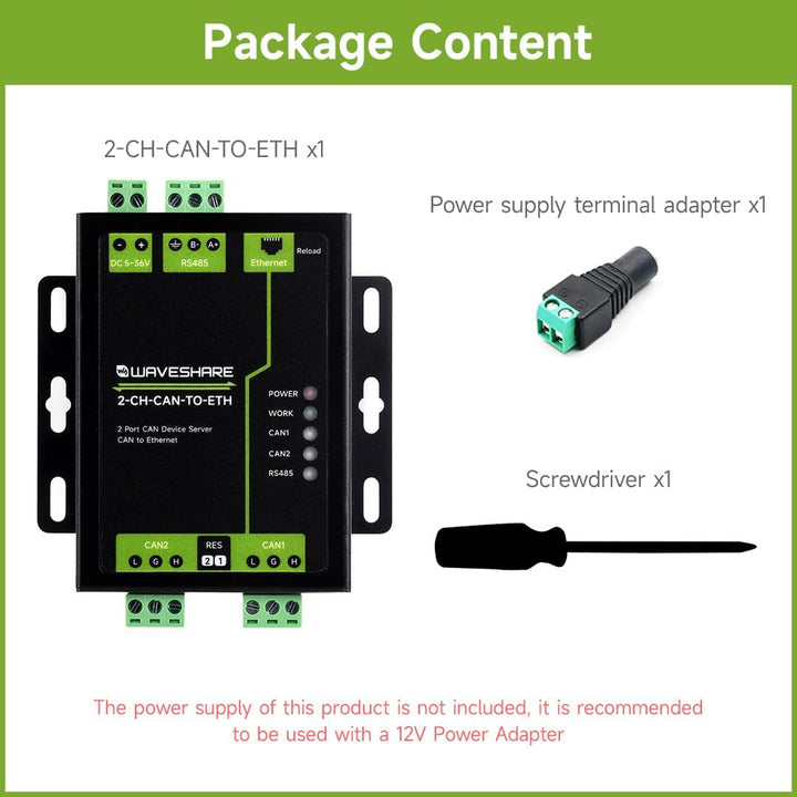 Waveshare 2-Channel CAN Bus to Ethernet Gateway Server with RS485 Port, Industrial Protocol Converte