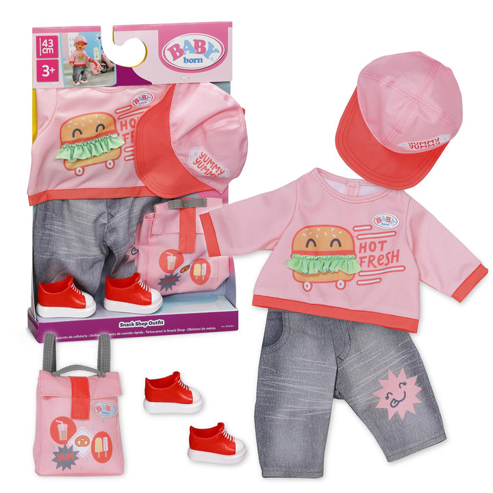 Baby Born Snack Shop Outfit mit Cap, Schuhen und Rucksack für 43cm Puppen