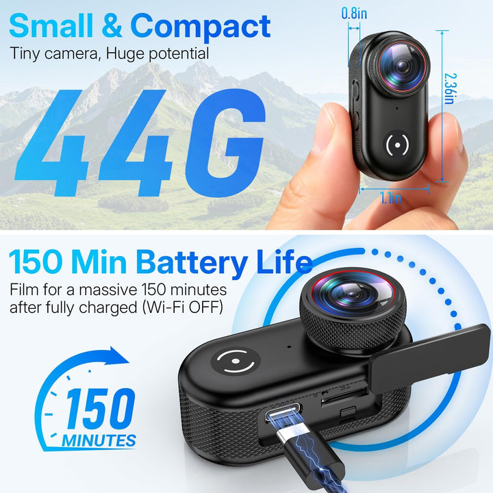 4K Action Cam Mini Bodycam, Magnetisch mit 6-Achsen EIS | 150° Weitwinkel, WiFi App, 150 Min. Aufnah