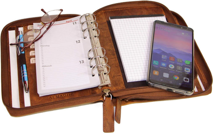 ALMADIH Leder A6 Kombimappe 2 Fächer mit Reissverschluss Kalender 2023 2024 Rindsleder Braun Vintage