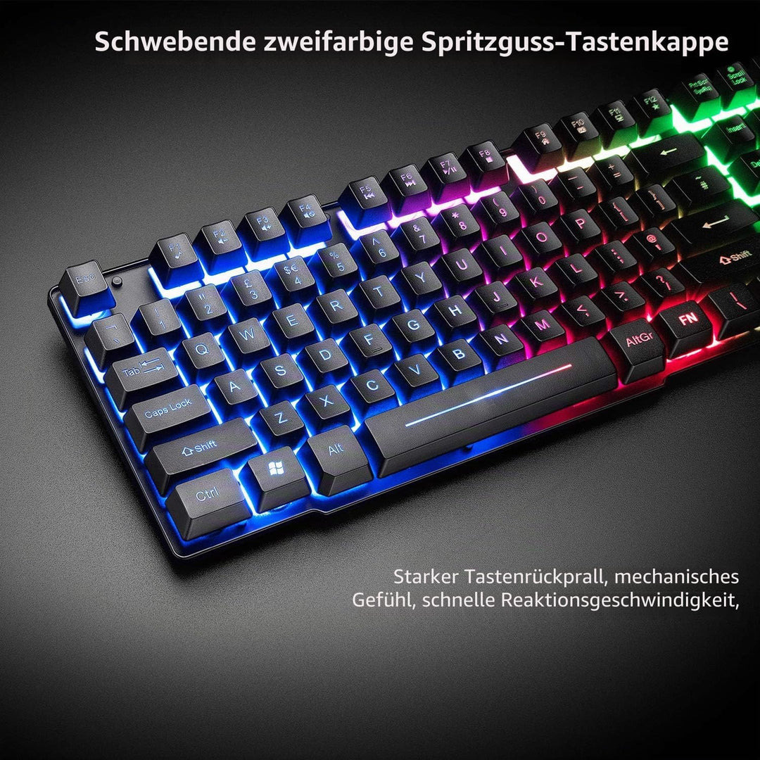 Gaming Tastatur Headset &amp; Maus Set, 104 Tasten Rainbow Backlit UK Layout Tastatur 2400DPI Maus 7.1 S